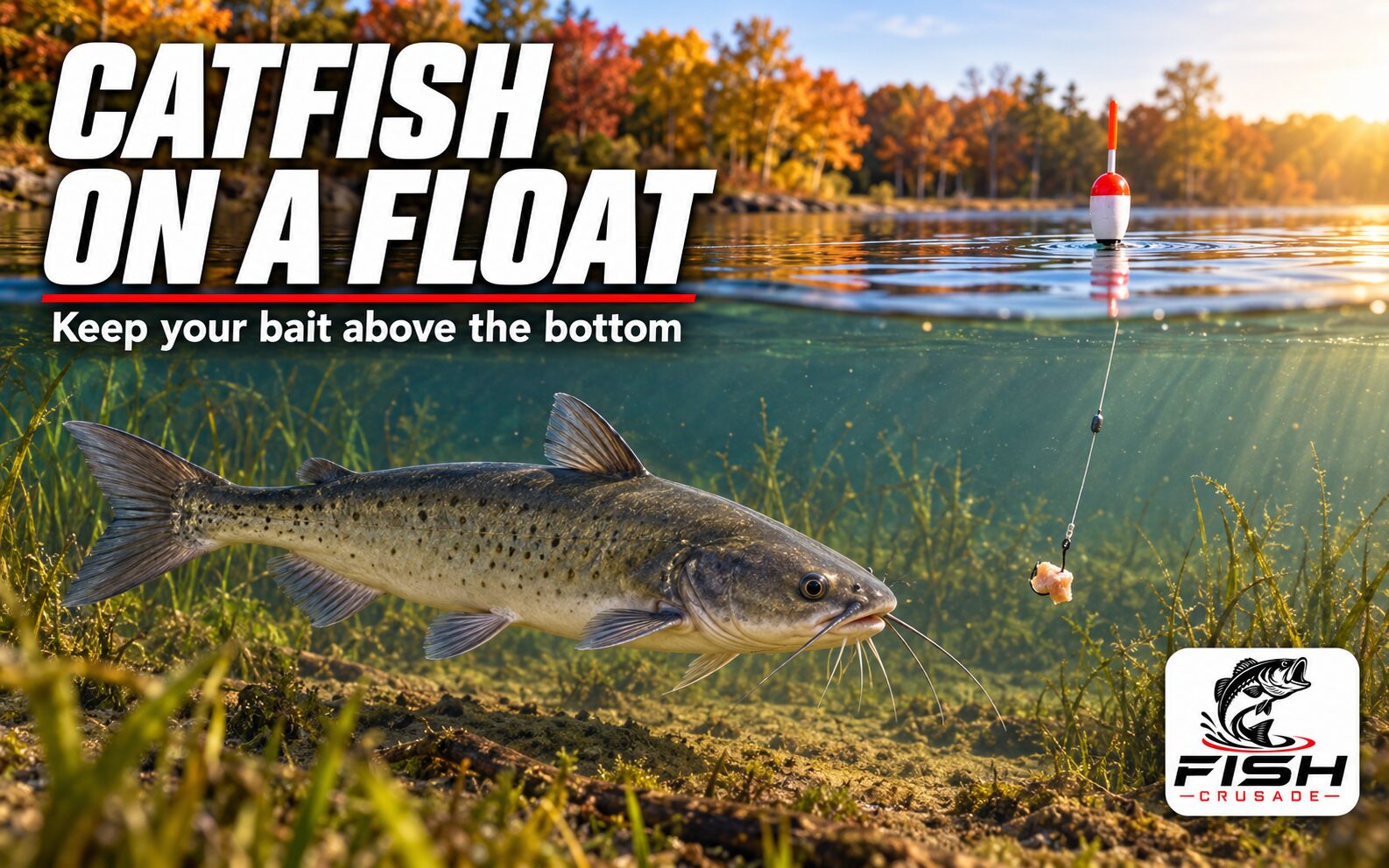 A spotted channel catfish with a forked tail approaching cut bait suspended beneath a float above grass and silt.