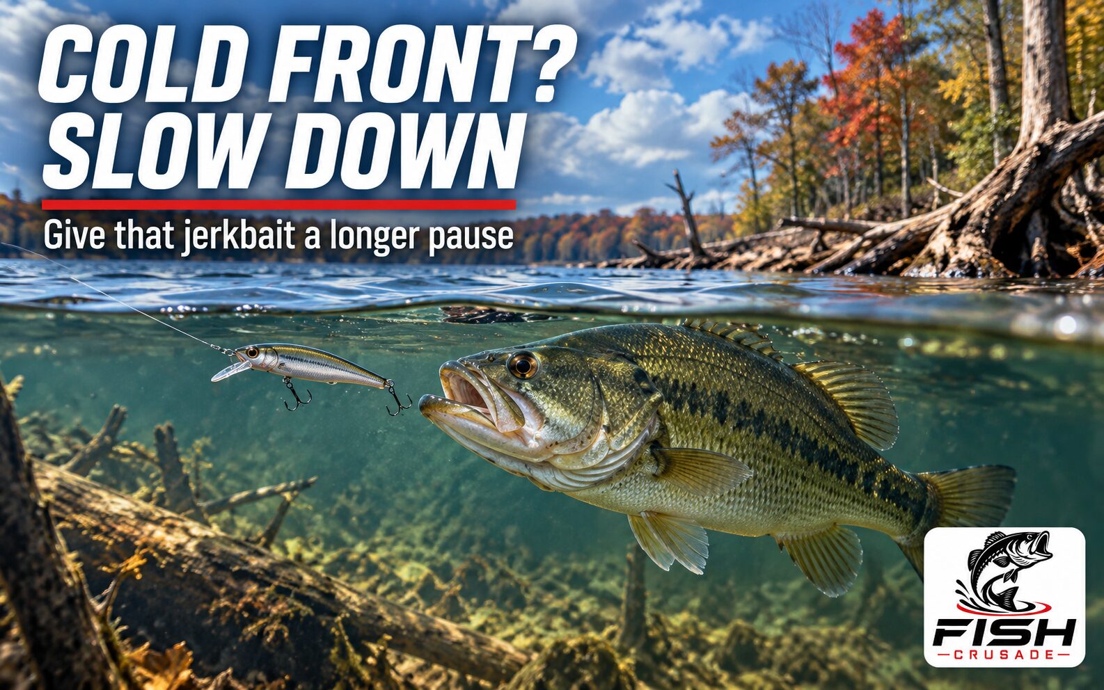 A largemouth bass approaching a suspending minnow-shaped jerkbait below the surface of an autumn lake.