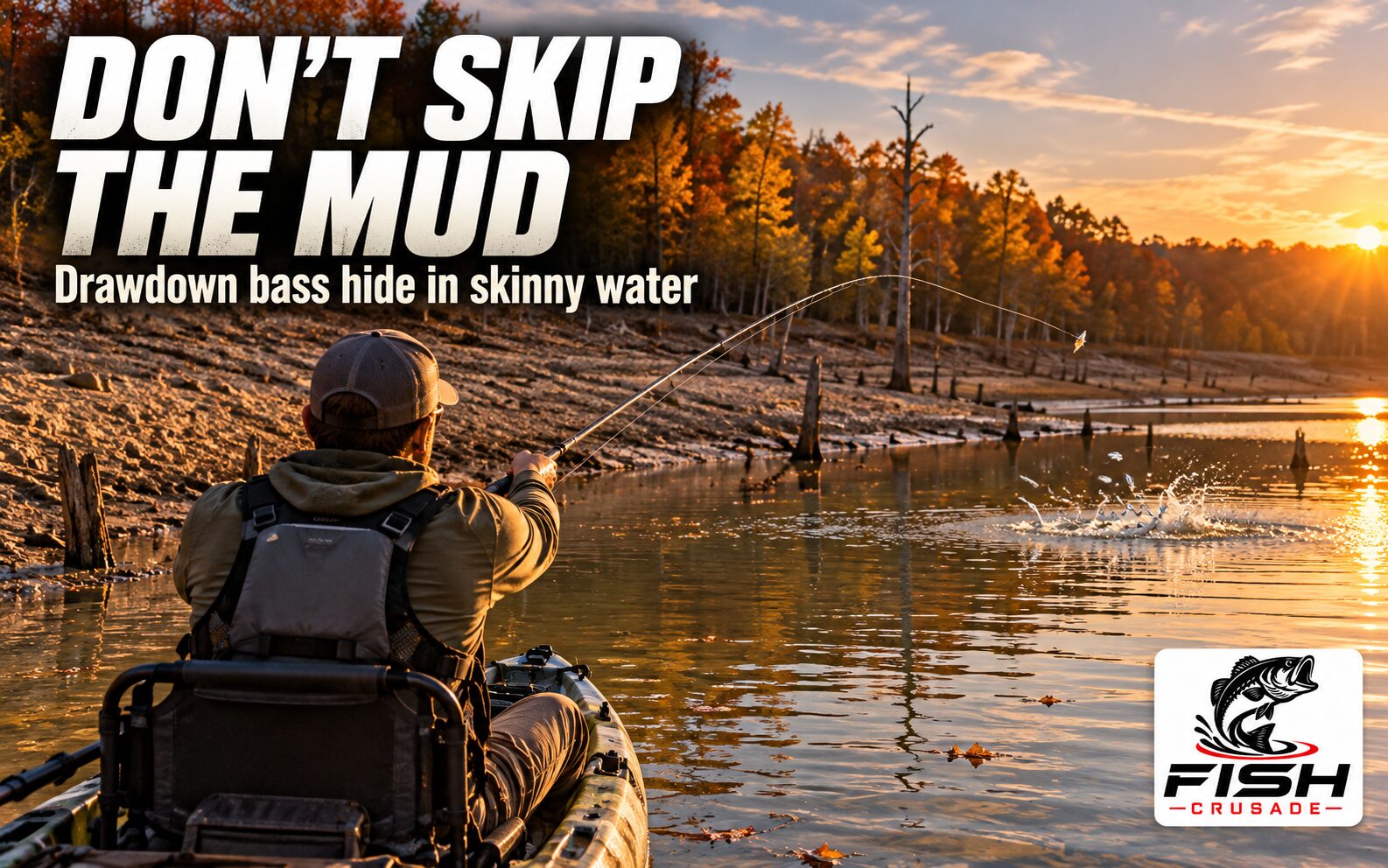 A kayak angler making a long cast across a shallow, muddy reservoir pocket at golden hour as baitfish flicker on the surface.