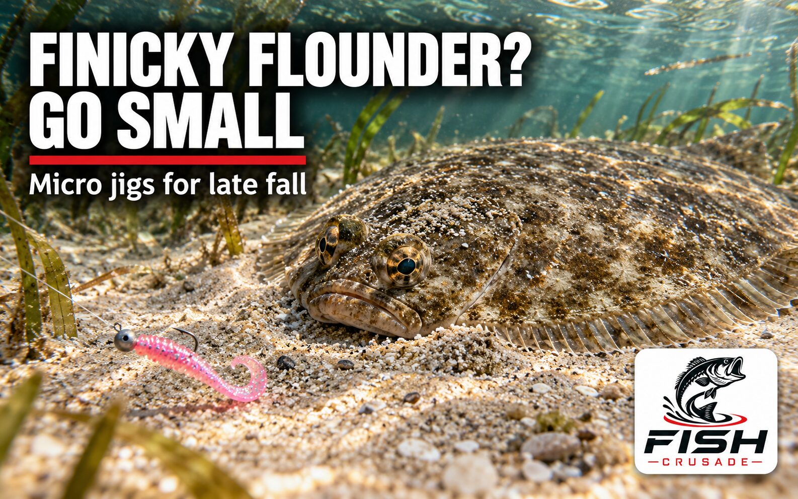 A flounder resting on a sandy bottom near a small pink curly-tail grub on a light jig head in clear, shallow coastal water.