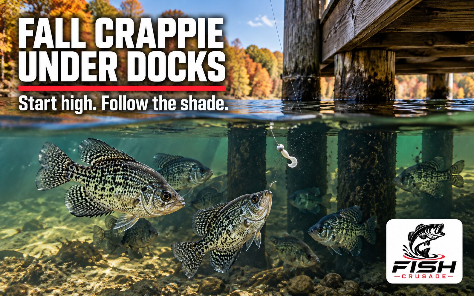 Black crappie suspended in shade beneath a wooden dock as a small white jig falls above the school.