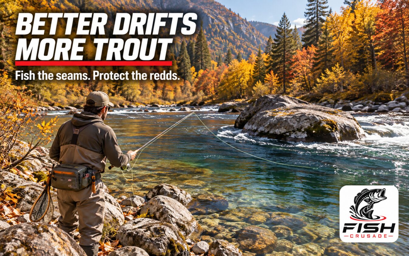 A fly angler on a rocky bank making a short drift along a current seam in an autumn mountain stream.