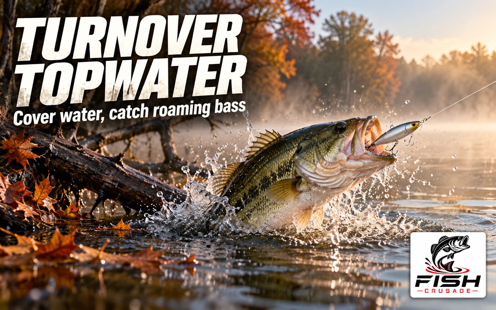 A largemouth bass blowing up on a walking topwater lure near a shoreline laydown on a calm fall morning.