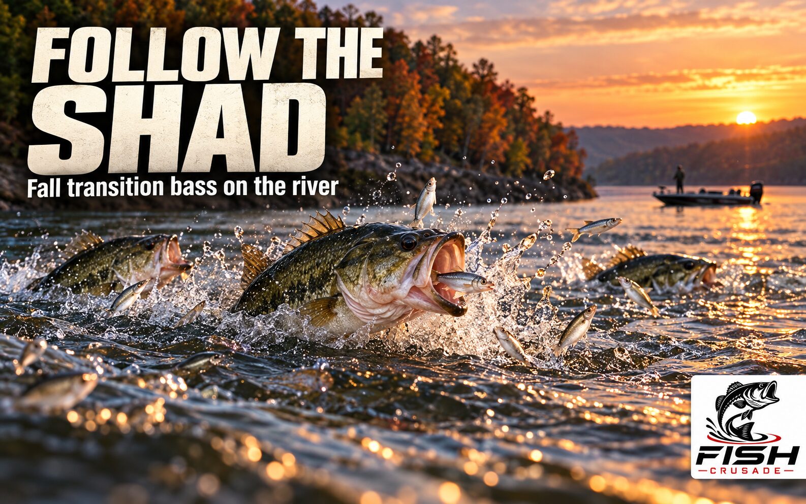 A school of bass busting shad on the surface along a wooded river bend at sunset as a small bass boat drifts nearby.